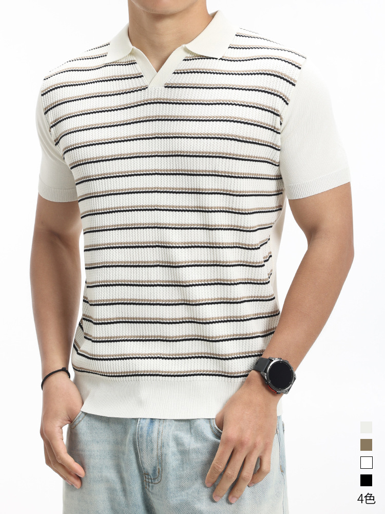 Nuevo lujo ligero viejo estilo de dinero para hombres a rayas de punto polo camisa de hombre con solapa de cuello en V de manga corta de alto nivel de ropa casual para hombres