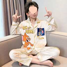 儿童睡衣春秋季薄款冰丝家居服中大童男孩女孩套装夏季长袖空调棉