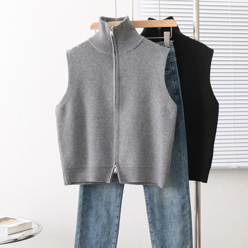 Cotton Cocoon High-Neck Zip-Up Knit Sweater Women's Sleeveless Vest Gilet 2026 Spring New Style Cardigan Vest