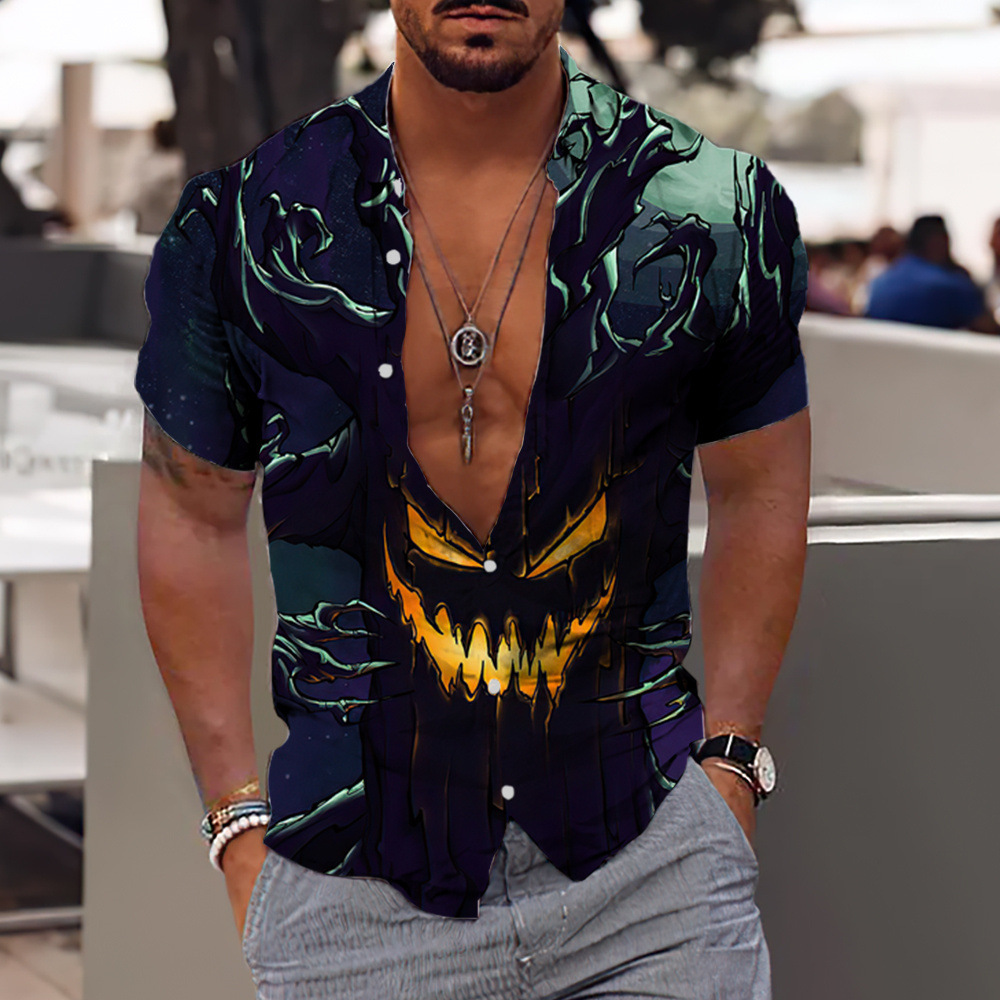 Camisa 3D para hombres transfronterizos Estación independiente Serie de Halloween Camisa hawaiana impresa digital 3D Fabricante de origen masculino