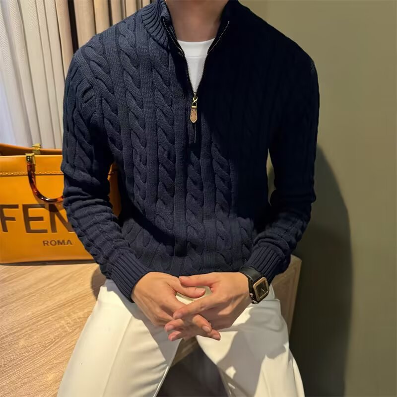 Cross-Border Autumn and Winter Men's Stand-Up Collar Twisted Half-Zip Knitwear High-Quality Knitwear Jacket Pure Color Mercerized Cotton Men's Style