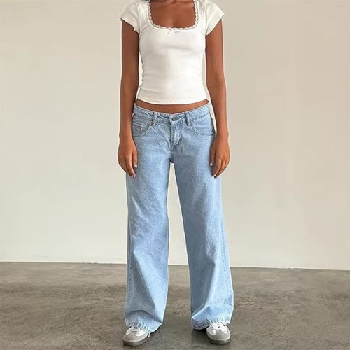 Spot American retro high-waist non-elastic washed straight jeans for women's summer new street wide-leg jeans