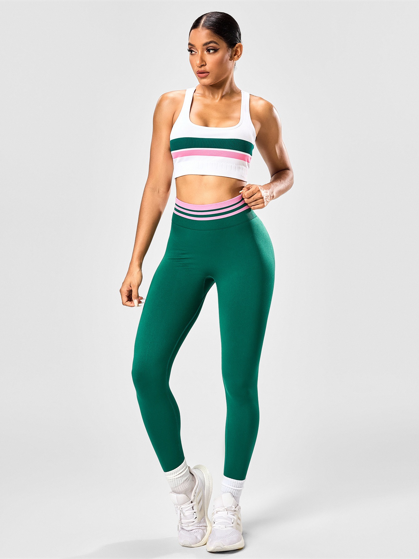 Dispositivo de yoga deportivo a rayas de contraste de color, mujer, bra deportivo, carrera, fitness, pantalones de elevación