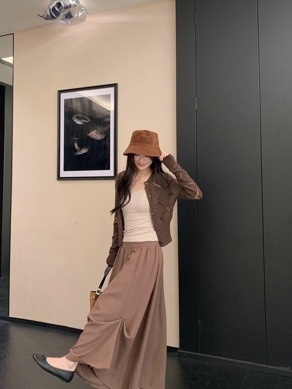 镂空外搭针织开衫复古褶皱宽松不规则半身裙2025秋季新款套装女潮|undefined