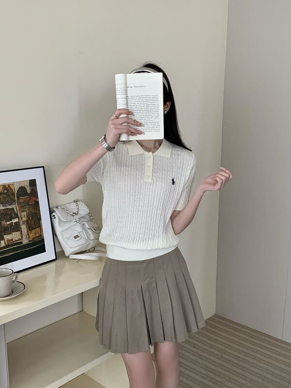 シルクウールPOLO襟半袖ニットtシャツ女性馬標2025年夏の新型痩せ刺繍上着|undefined