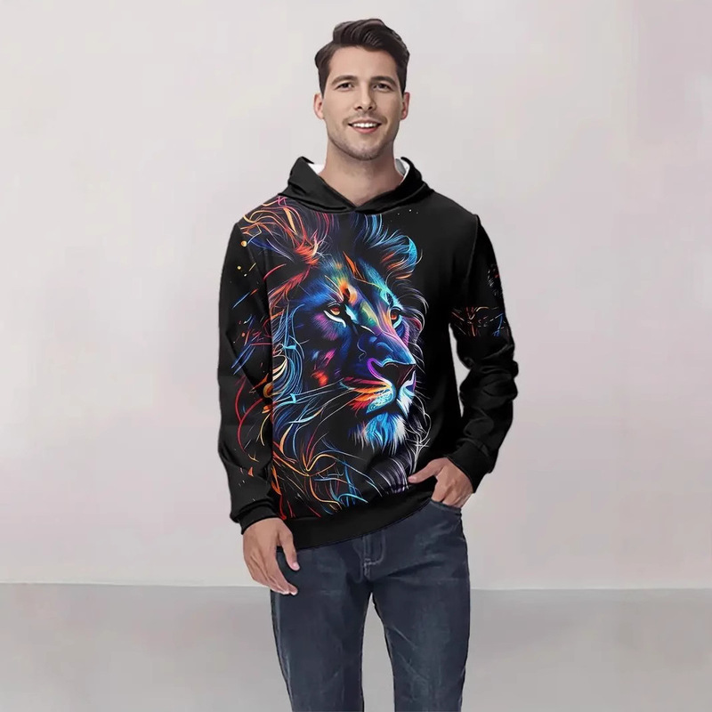 temu cross-border men's long sleeve hoodie 3D digital printing lion tiger wolf print street fashion sweater