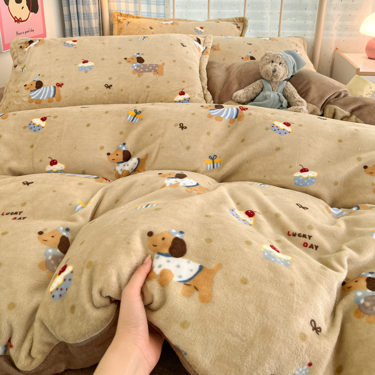 冬季加厚牛奶绒四件套珊瑚法兰绒被套双面加绒床单被罩床笠三件套