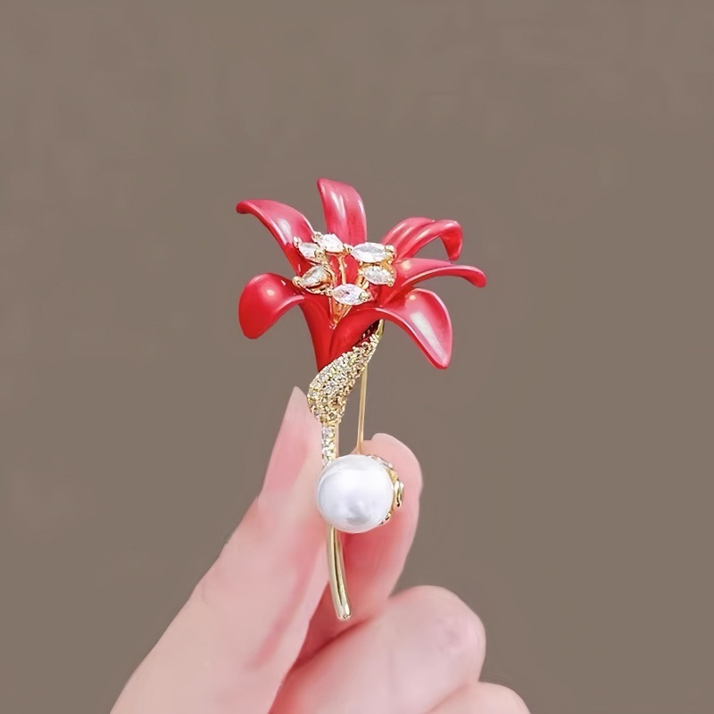新しいトレンディな赤いユリの花のブローチ、豪華な気質、高級コサージュ、コートスーツ、高級ピンアクセサリー|undefined