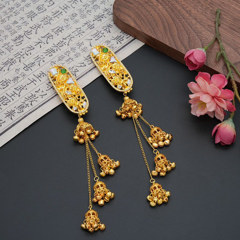 Yimengling's Same Style Gold Rhinestone Wind Chime Tassel Bridal Hairpin for Toasting Attire, Xiuhe Qipao, Mamian Skirt Hair Accessory