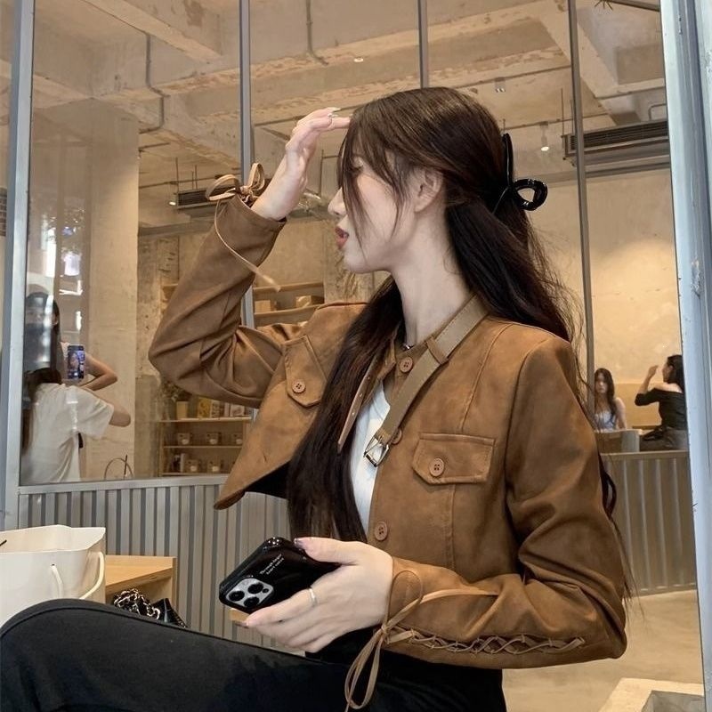 复古港风棕色衣外套女秋季设计感抽绳蝴蝶结辣妹机能风夹克上衣