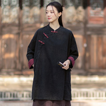 2026春季新品复古棉麻中国风立领拼色盘扣斜襟上衣袍子女禅茶服