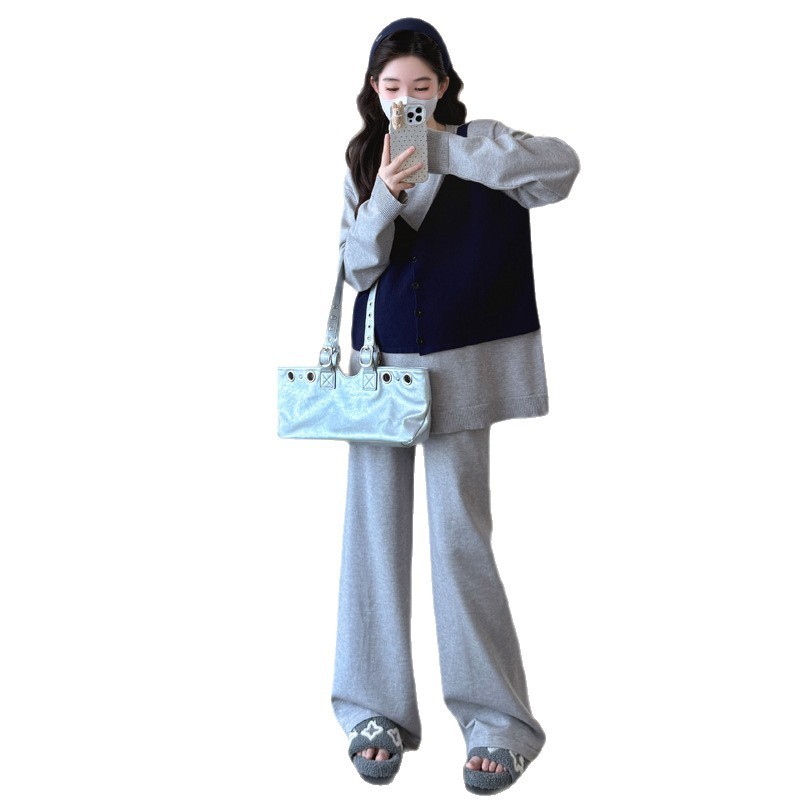 孕妇装秋冬季潮妈甜美减龄假两件拼接马甲针织阔腿裤慵懒宽松套装|undefined