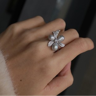 Iris Flower 925 Sterling Silver Plated Platinum Plated with Diamond Natural Freshwater Really Many Hemp Color Baroque Pearl Ring for Women