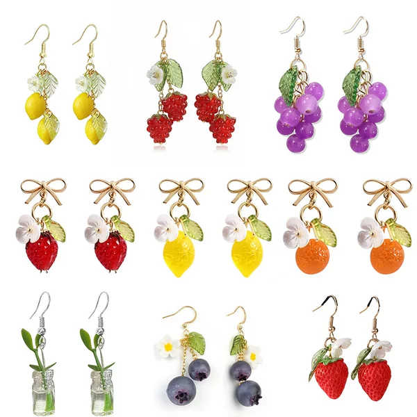 New European and American fashion lemon bow fruit earrings, cute resin strawberry earrings for cross-border sales