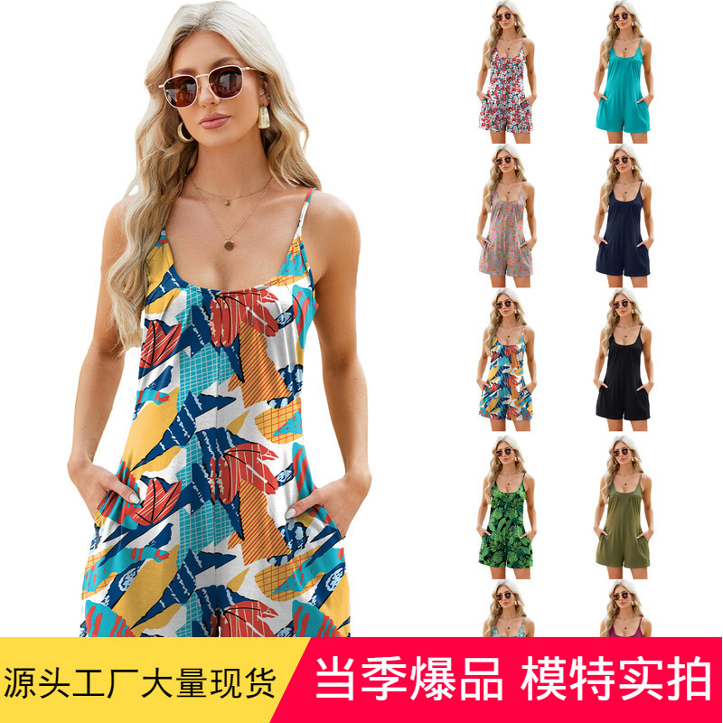2024 Amazon European and American strap one-piece casual shorts spring and summer new cross-border solid color loose pocket jumpsuit 2024 Amazon European and American strap one-piece casual shorts spring and summer new cross-border solid color loose pocket jumpsuit