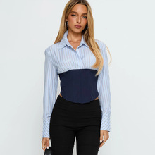 速卖通外贸收腰拼接条纹衬衫女时尚设计感绑带性感长袖POLO领上衣
