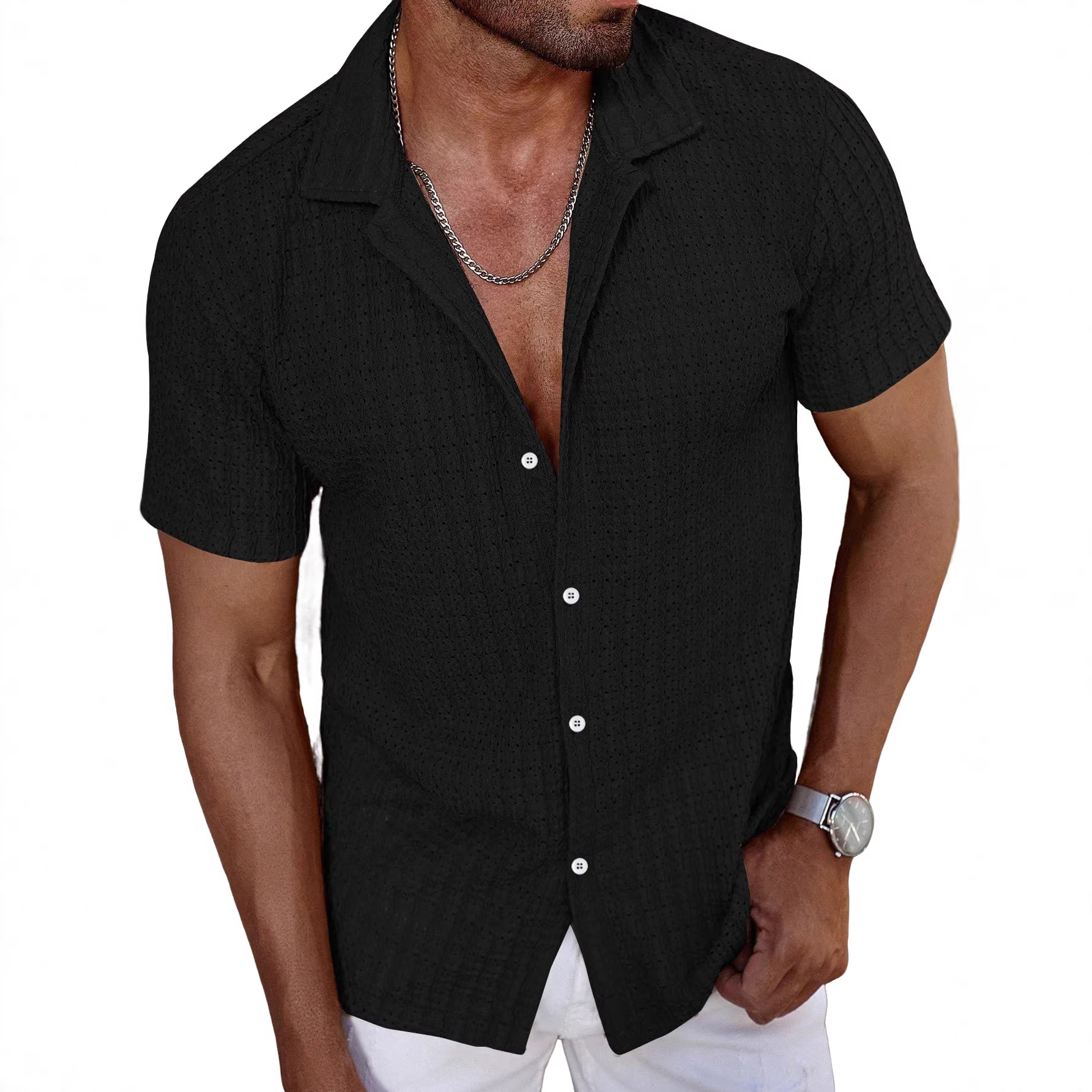 Nuevo transfronterizo Europa y América de verano hombre nuevo botón de la solapa camiseta fresca agujero de diseño de camiseta casual