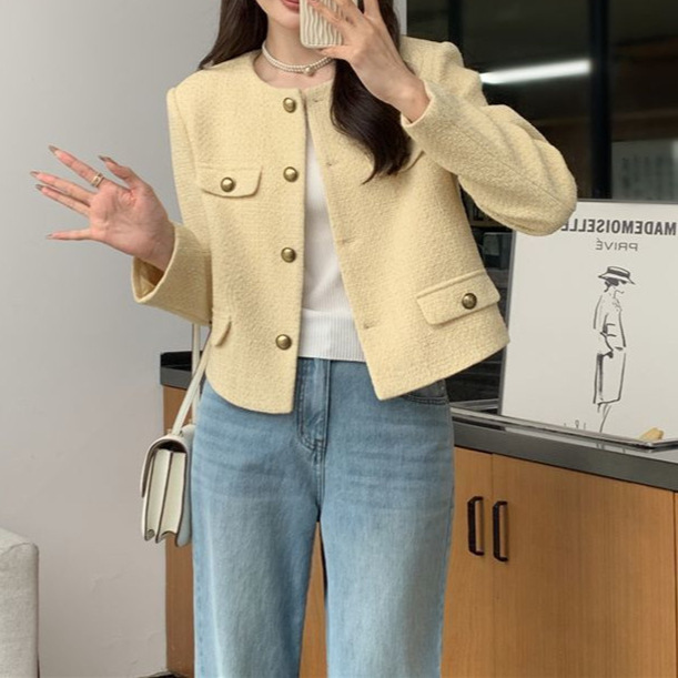 法式名媛甜美小清新修身显瘦chic黄色小香风短款外套女高级感小众|undefined