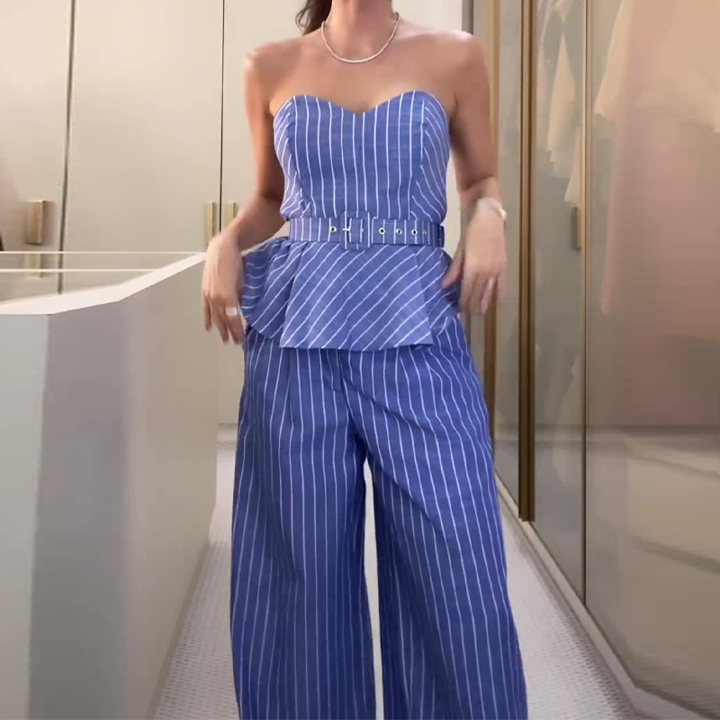 Strapless Neckline Regular Fit Fit Type Daily Women's Elegant Stripe Polyester Pant Co-ord Set Pants Sets