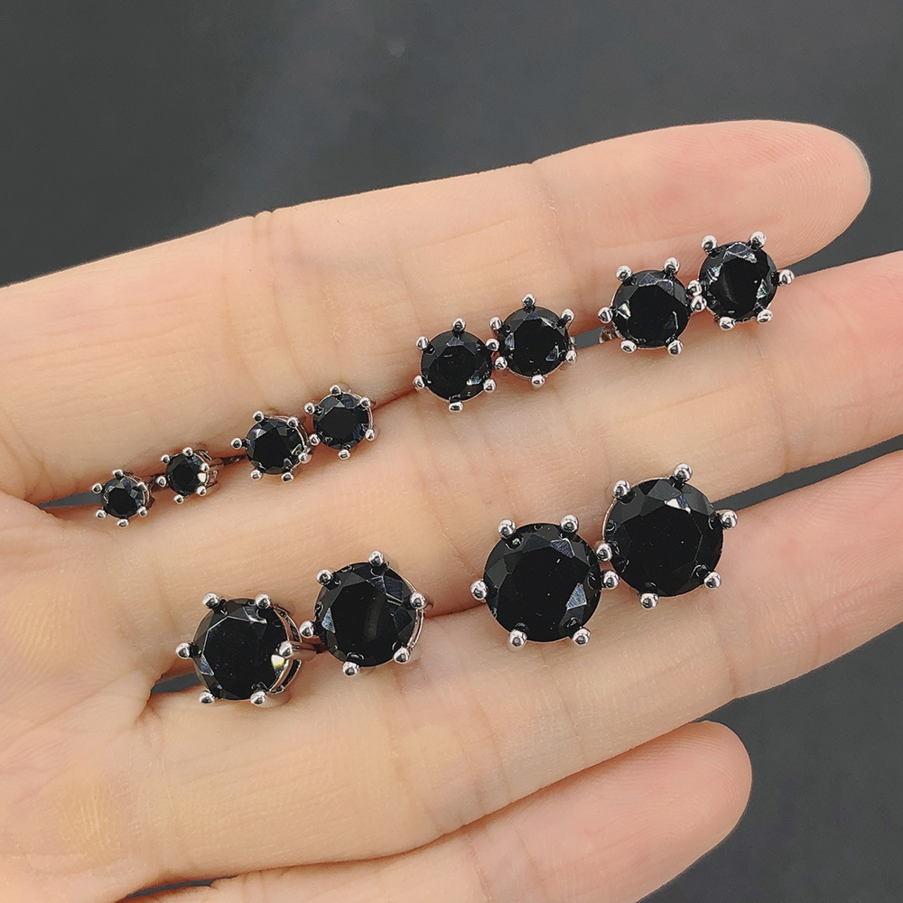 Classic Round Zircon Stud Earrings For Men Black Stone Jewelry_voghion.com