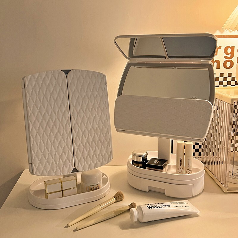 ハイエンドシェル LED バニティミラーデスクトップデスクトップバニティミラー折りたたみ女子学生充電式化粧鏡ライト付き|undefined