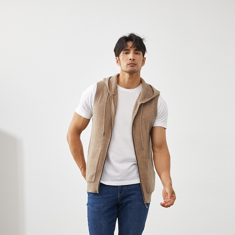 Cashmere 2026 Autumn and Winter New Men's Hooded Knitted Vest Zipper Cardigan Thickened Sleeveless Vest