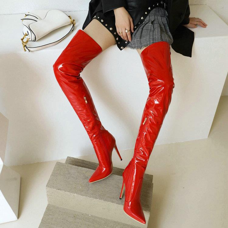 Over the knee boots Women's Red boots Shiny patent leather thigh-high boots Sexy Thigh boots pointy heels_voghion.com