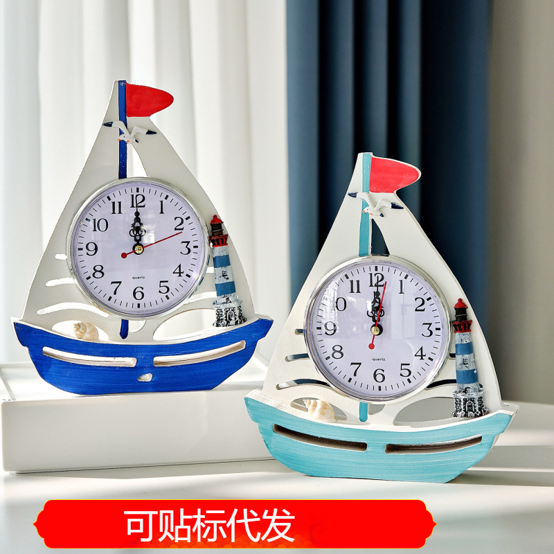 Reloj de Velero de Estilo Mediterráneo en Liquidación, Reloj Decorativo Pequeño, Velero Individual de Estilo Americano para Escritorio, Adorno de Madera para Decoración del Hogar.