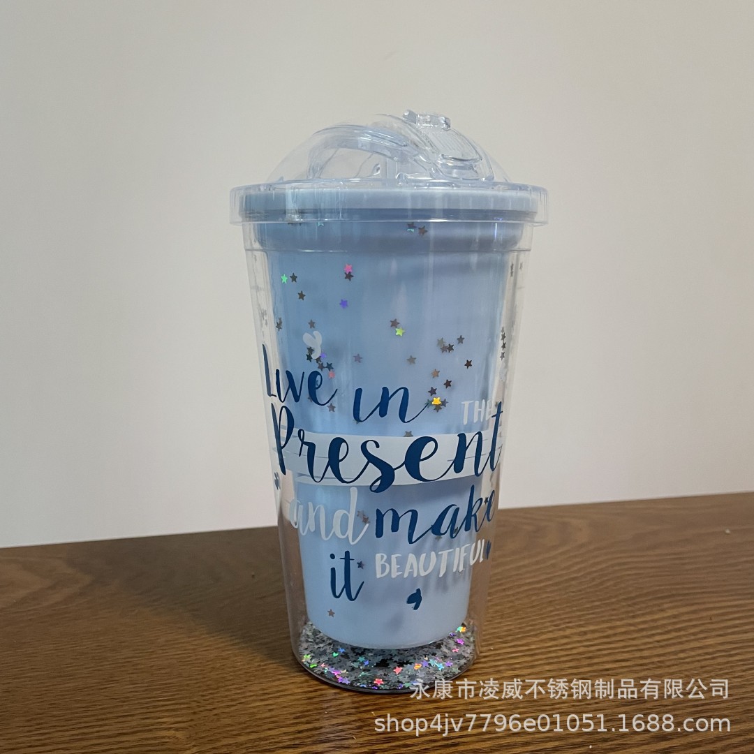 Estrella Glitter push cubierta taza de paja de plástico doble como rosa brillante taza de agua 450mL Navidad taza de muñeca creativa S taza