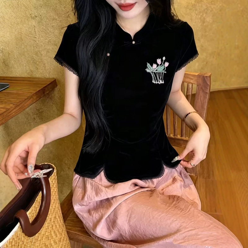 Nanyou New Chinese Style Diagonal Collar Handmade Embroidery Patchwork Lace Flocked Stand Collar Top Heavy Beading Short Sleeve Blouse Nanyou New Chinese Style Diagonal Collar Handmade Embroidery Patchwork Lace Flocked Stand Collar Top Heavy Beading Short Sleeve Blouse