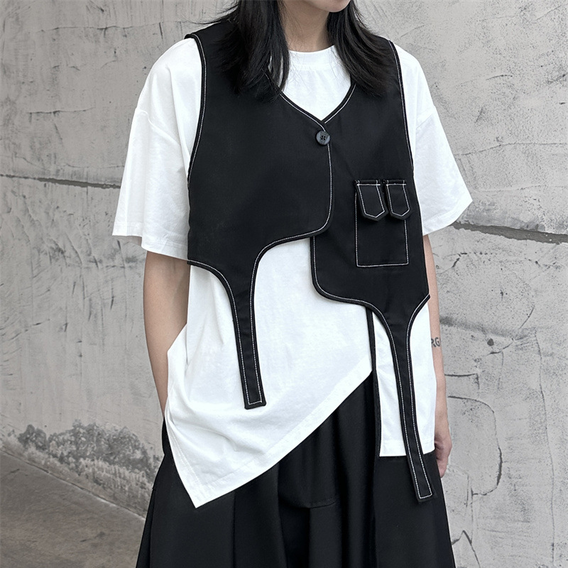 디자인 감각 틈새 Yohji 야마모토 다크 스타일 라이트 라인 장식 불규칙한 조끼 여성 남성 봄과 여름 얇은 조끼