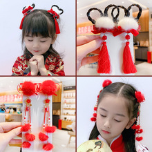 中国风儿童头饰汉服发夹子女童宝宝红色毛球古装发卡古风发饰头花
