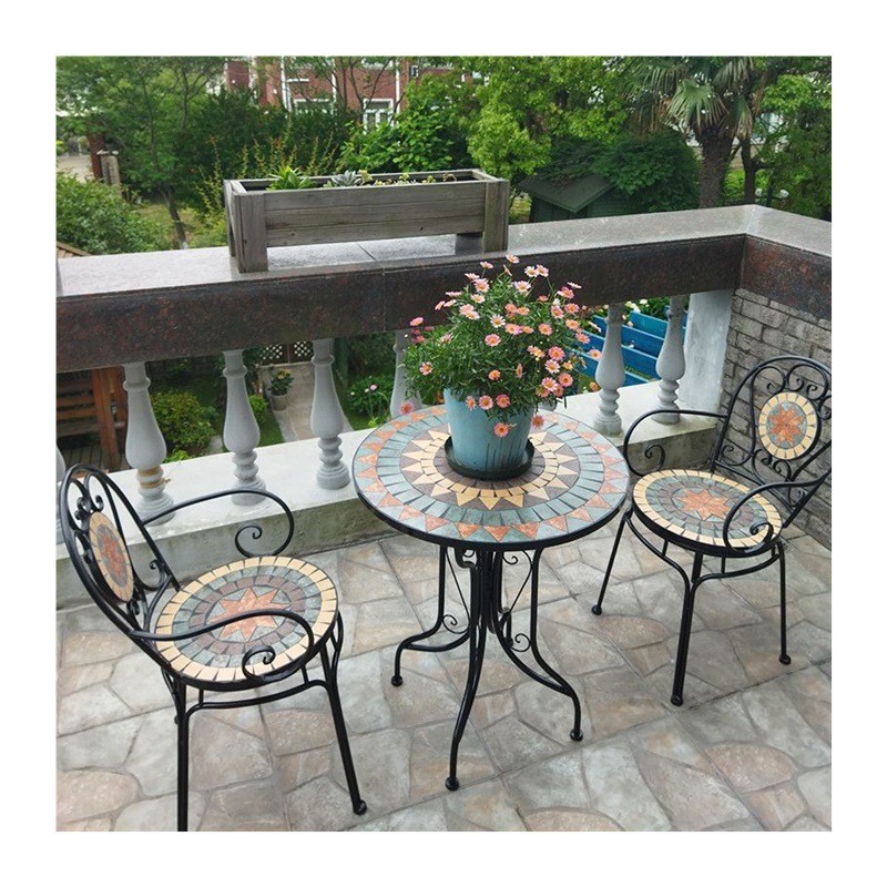 European-Style Outdoor Balcony Iron Mosaic Table and Chairs Outdoor Terrace Courtyard Leisure Small Coffee Table Three-Piece Set Combination