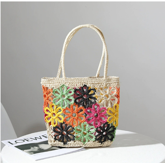 Bohemian Style One-Shoulder Hollow Flower Straw Bag New Colorful Hand-Held Straw Bag Woven Bag Vacation Beach Bag