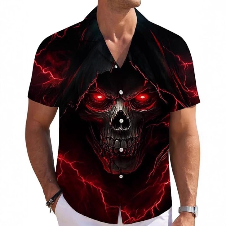European and American Street Style Men's Cuban Collar Skull Print Short-Sleeved Shirt Cross-Border Summer Thin Loose Trendy Brand Shirt