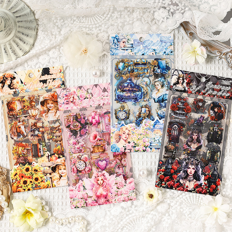 Shadow Rose European Retro Character Princess Series Pet Hand Cart Decoración Material Collage Etiqueta adhesiva plana transfronteriza