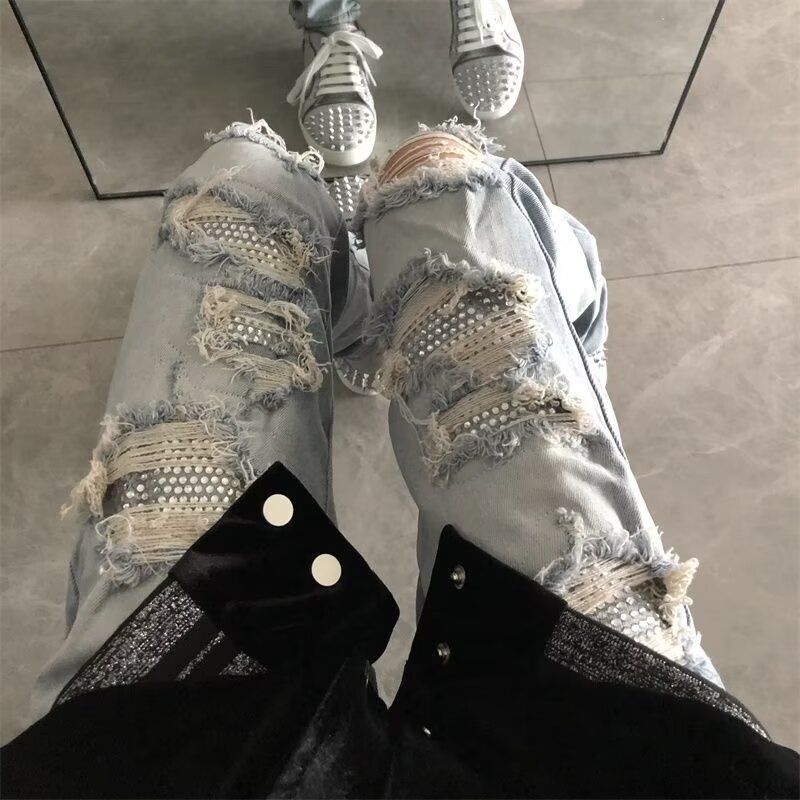 Amiri White Diamond Splash Blue Jeans for Men and Women Washed Distressed Ripped Pants High Street Diamond Stretch Jeans