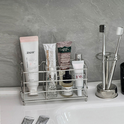 Ins bathroom toothbrush holder basket countertop draining shelf makeup basket stainless steel skin care product storage bathroom