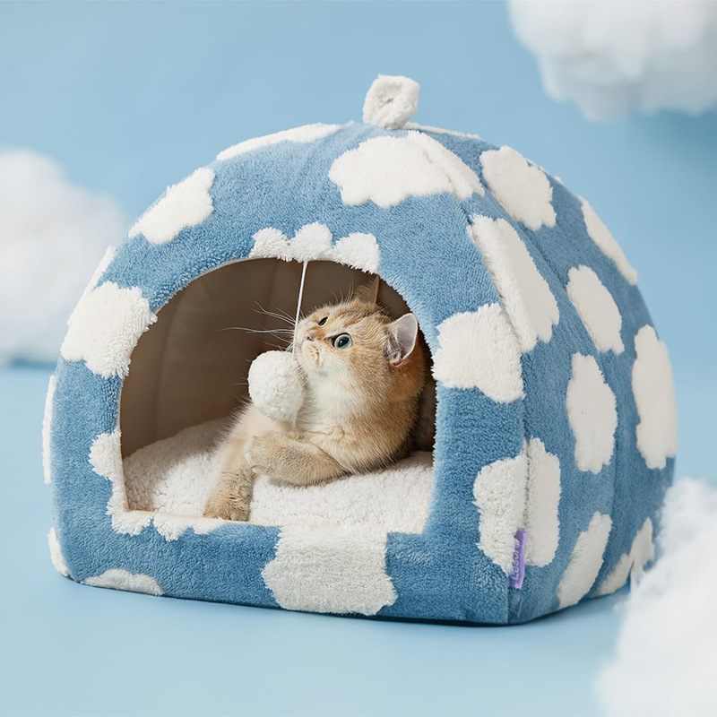 Nido de gato de calabaza, nido de mascota de jacquard de terciopelo de algodón calmante, cálido, habitación cerrada para gatos con memoria rebotable, exclusivo de Amazon