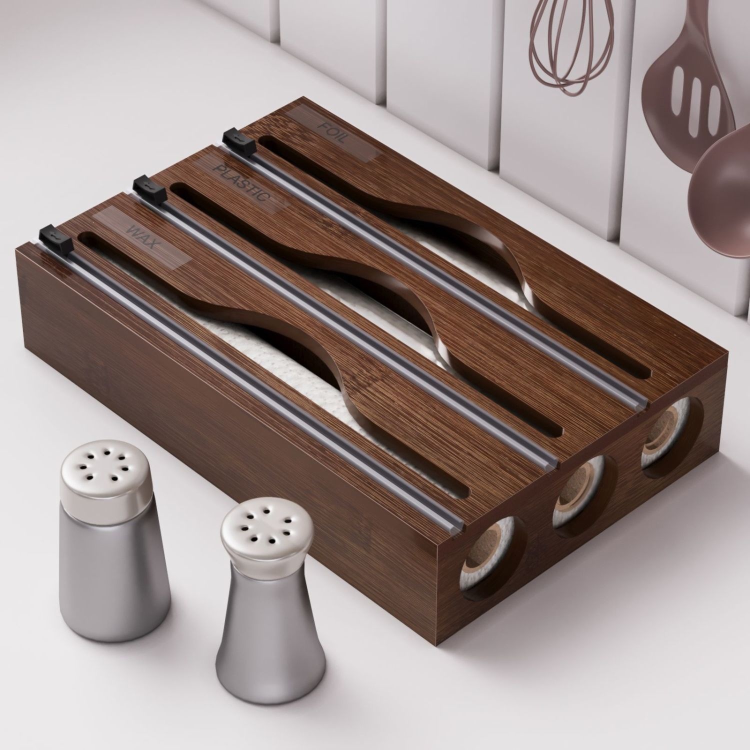 Three-grid/two-grid bamboo and wood cling film cutter countertop storage, wall-mountable, for kitchen aluminum foil and trash bags