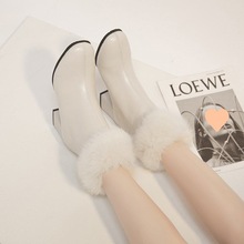 2023韓版仙女新款毛絨中筒靴冬季毛毛鞋兔毛粗跟加絨百搭雪地靴跨