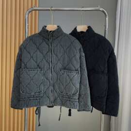 秋冬新款跨境欧美纯色立领拉链大口袋系带长袖棉服外套水洗棉衣女