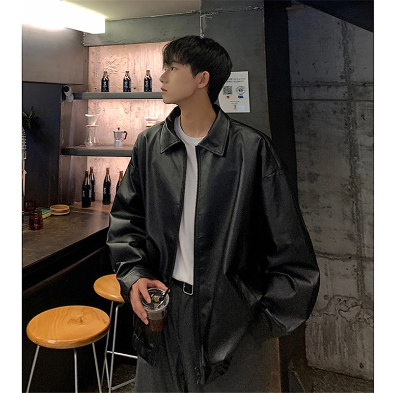 Leather Jacket Men's Autumn Loose oversize American Style Retro Puffy Handsome High-end Street-fried Hong Kong Style pu Leather Jacket