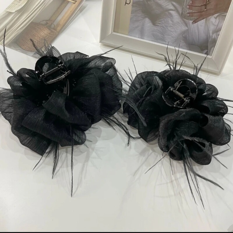バブルガーゼグリッパーリボンフェザーブラックネットレッド新メッシュヘアピン女性の後頭部サメクリップ帽子|undefined