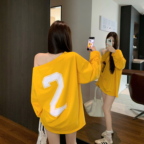 Alphabet print off-shoulder long-sleeved hoodie women's autumn new design loose medium-length casual large version top 