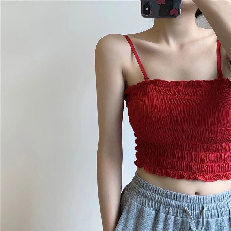Pleated High-Elastic Camisole with Chest Pads, Tube Top That Can Be Worn Outside, Beautiful Back Underwear, Women's Retro One-Shoulder Top