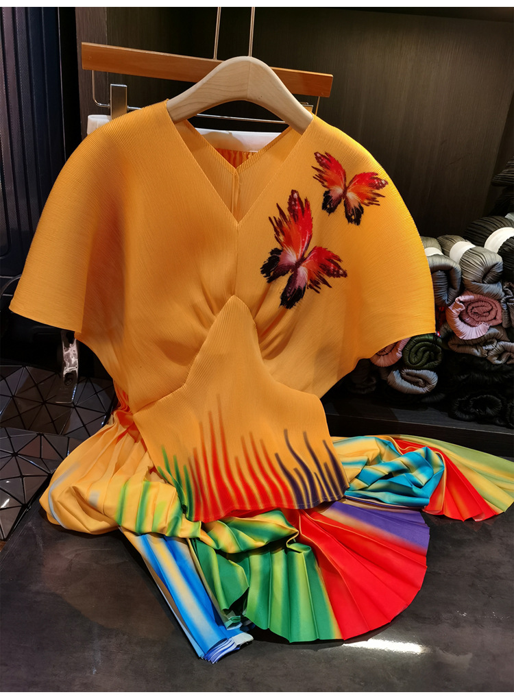 Elegant Butterfly Print Two Piece Set For Women V-Neck Short Sleeve Top & Pleated Midi Skirt Casual Mid-Calf Length Polyester_ecoleips.com