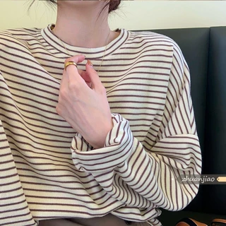 条纹长袖T恤女初秋上衣2023新款宽松韩版简约内搭打底衫百搭女潮