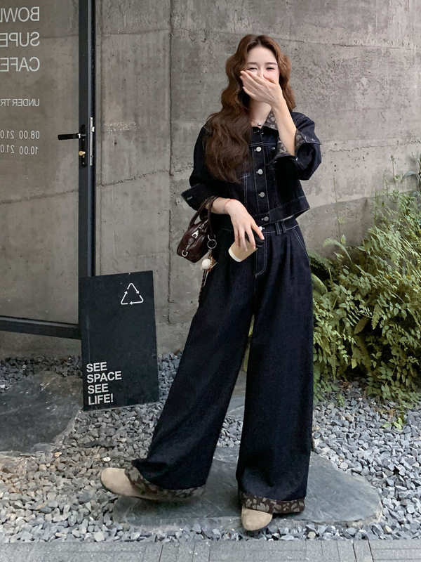蓝色牛仔套装女秋季2025新款韩系高级感穿搭一整套阔腿两件套拼接|undefined
