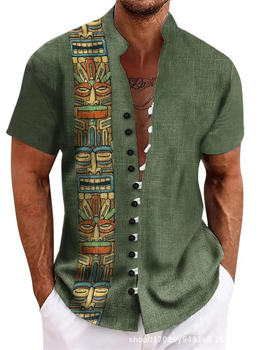 Lifestyle Short-Sleeve Shirt for Men Loose Fit Collarless Top with African Tribe 3D Print Breathable and Moisture-Wicking